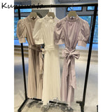 Christmas Gift Kuzuwata 2021 Spring Summer Fashion Woman Clothing High Waist Slim Puff Sleeve Rosette Solid Dresses Japanese Sweet Vestidos