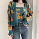 Thanksgiving Gift Flower Print Cropped Cardigan Women Korean Fashion Casual Blue Sweater Single-Breasted Long Sleeven Tops + Knit Vest 2 Pcs Set