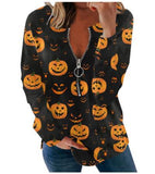 Christmas Gift Women Hallowen Skull Zipper Printed T-Shirt Round Neck Long Sleeved Loose Blouse Casual Tops Festival Outfit Femme Tee 2021