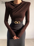 Joskaa 2022 O Neck Brown Long Sleeve Crop Top Women Basic Casual Autumn Winter Sexy T Shirts Black Ruched Streetwear Fashion