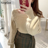Christmas Gift Elegant Square Collar Versatile Knitted Pullovers Women Puff Long Sleeve Gentle Sweater Tops Female 2021 New Knit Top