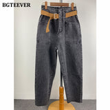 Christmas Gift BGTEEVER 2021 Fashion Belted Harem Jeans Pants Women Vintage Ankle Length Denim Baggy Mom Jean Loose Washed Trousers Mujer