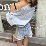 Christmas Gift JMPRS  Sexy Off Shoulder Women Denim Shirts 2021 Spring Long Sleeve Letter Embroidery Jeans Blouse Streetwear Fashion Girls Tops