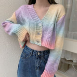 Christmas Gift Gagarich Women Sweet Cardigan 2020 Autumn New Long-Sleeved Tie-Dye Sweater Loose V-neck Short Navel Tops Ladies Fashion
