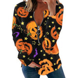 Christmas Gift Women Hallowen Skull Zipper Printed T-Shirt Round Neck Long Sleeved Loose Blouse Casual Tops Festival Outfit Femme Tee 2021