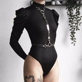 InstaHot Black Sexy Bodysuit Slim Puff Sleeve Turtleneck Long Sleeve Autumn Playsuit Party Club Casual Satin Bodysuit Streetwear
