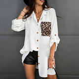 Christmas Gift Loose Casual Long Sleeve Leopard Patchwork Blouses And Tops Women 2021 Spring White Black Buttons Long Shirts Woman Top Shirt