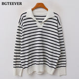 Christmas Gift BGTEEVER Casual Turn-down Collar Striped Women Sweaters 2021 Autumn Sweater Long Sleeve Loose Female Knitted Pullovers Tops
