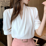 Christmas Gift Office Lady Blouse Fashion V-neck Blouse Women Summer Chiffon Blouses Short Sleeve Tops Female 2021 New Clothes Blusas 14080