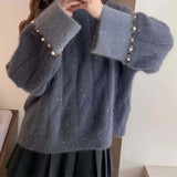 Christmas Gift JMPRS Thick Women Japan Sweater Fashion Pearl Warm Winter Knit Jumper Causal Long Sleeve O Neck Pullover Soft Female Coats