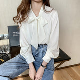 Joskaa Spring Fashion Korean Tops Satin Chiffon Blouse Women Loose Long Sleeve Shirt White Blue Office Lady Clothes with Bow 10691