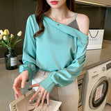Joskaa 2022 Fashion Office Lady Off Shoulder Blouse Spring Autumn Loose Shirts Long Sleeve Satin Blouse Women Tops Blusas Mujer 15066