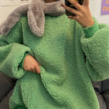 Joskaa 2022 Autumn Winter Women Solid Lambswool Fleece Warm Pullover Sweatshirt Female Fashion Loose Harajuku O Neck Long Sleeve Top