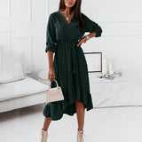 Christmas Gift Fashion V Neck Long Sleeve Green Midi Dress Women 2021 Fall Clothes Casual Elegant Office Ladies Dresses For Woman Robe Femme