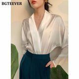 Elegant V-neck Satin Women Blouses 2021 Autumn Ladies Blusas Full Sleeve Loose Office Wear Female Shirts Tops