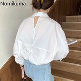 Christmas Gift Nomikuma Back Hollow Out White Shirt Single Breasted Long Sleeve Solid Color Blouse Women Casual Fashion Tops Korean Blusa 3c030