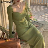 Christmas Gift BGTEEVER Vintage Square Collar Knitted Bodycon Dress for Women Split Stretched Female Pencil Dress Vestidos 2021 Autumn Winter