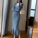 Black Friday Sales Winter Elegant Mermaid Sweater Long Dress Women Vintage V-Neck Knitted Warm Y2K Dress Korean Casual Chic Dress For New Year 2022
