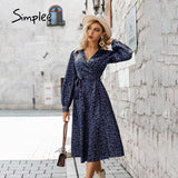 Simplee Beach straight floral women midi dress V-neck lace up female maxi vestido A-line full bishop sleeves ladies wrap dresses