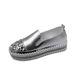 Joskaa New Silver Crystal Flat Shoes Woman Comfortable PU Leather White Casual Shoes Women Platform Slip On Loafers Bling