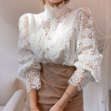 Christmas Gift Stand Collar All-match Femme Blusas Petal Sleeve Women Blouse Chic Button Hollow Out Flower Lace Patchwork Shirt White Top 12419