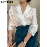 Elegant V-neck Satin Women Blouses 2021 Autumn Ladies Blusas Full Sleeve Loose Office Wear Female Shirts Tops