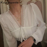 Christmas Gift Kuzuwata V Neck Pullover Long Sleeve White Blouse Women Work Style Ol Lace Hook Flower Blusas Spring 2021 New Shirt Feminino
