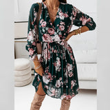 Christmas Gift Casual Long Sleeve A-Line Pleated Dress Vestidos Women Elegant Floral Print Ruffle Dress Summer Ladies Sexy V-Neck Party Dress