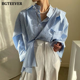 Christmas Gift BGTEEVER Spring Summer Fake Two-piece Female Striped Shirts Tops 2021 Casual Lapel Oversized Pockets Lace Up Women Blouse Shirts