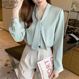 Joskaa New Office Lady Elegant Shirt Green Satin Blouse Women Long Sleeve Fashion Bow Tie Ribbon Tops Clothes Blusa Mujer 16707