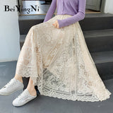 Christmas Gift Beiyingni Lace Midi Skirt Woman Solid Color Hollow Out Maxi Long Black Skirts Womens Pleated Korean High Waist Jupe Saias Lining
