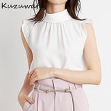 Christmas Gift Kuzuwata Stand Collar Flying Short Sleeve Solid Blouse Women Work Style Office Lady Temperament Blusas Pleat Multicolor Shirt