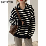 Christmas Gift BGTEEVER Chic Casual Turn-down Collar Zippers Women Striped Sweaters Tops Long Sleeve Loose Female Knitted Pullovers 2021 Autumn