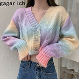 Christmas Gift Gagarich Women Sweet Cardigan 2020 Autumn New Long-Sleeved Tie-Dye Sweater Loose V-neck Short Navel Tops Ladies Fashion