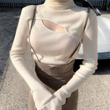 Joskka Autumn Winter 2021 Temperament Sweaters Woman Turtleneck Hollow Slim Knit Tops Women Long-sleeved Bottoming Sweater Top