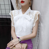 Christmas Gift Solid Hollow Out Shirt Korean Fashion Clothing Vintage Sleeveless 2021 Womens Tops and Blouses Lace Patchwork Blusas 9811
