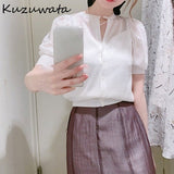 Christmas Gift Kuzuwata O Neck Puff Short Sleeve Blouse Women Work Style Ol Solid Slim Blusas Single Breast Summer Simple Shirt Feminino