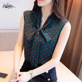 Christmas Gift Korean Style Women Sleeveless Tops Spring Summer New Polka Dot Elegant Bow Chiffon Blouse Casual Women Clothing Blusas 9459