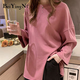 Christmas Gift Beiyingni Loose Plus Size T-shirt Female Long Sleeve Casual Vintage Split Tops Woman Spring Autumn BF Cotton Plain T Shirt Women