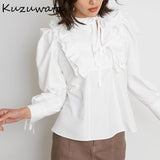 Christmas Gift Kuzuwata 2021 Autumn New Design Women Blouses Bowknot Drawstring Fungus Collar Long Sleeve Solid Shirts Japanese Sweet Blusas