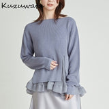 Christmas Gift Kuzuwata 2021 Autumn New Sweater Fashion Sweet Knitted Pullover O Neck Long Sleeve Patchwork Folds Split Fork Women Jumpers