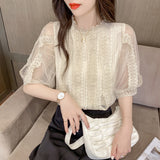 Christmas Gift Sweet White Lace Blouse Short Lantern Sleeve Shirt 2021 Summer New Beautiful Shirts Women Tops Stand Collar Casual Clothes 14414