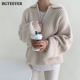 Christmas Gift BGTEEVER Chic Vintage Lapel Zippers Women Sweaters Jumpers 2021 Autumn Winter Full Sleeve Warm Loose Female Knitted Pullovers