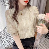Christmas Gift Sweet White Lace Blouse Short Lantern Sleeve Shirt 2021 Summer New Beautiful Shirts Women Tops Stand Collar Casual Clothes 14414