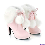 Joskaa Winter High Heels Ankle Boots For Women Fashion Faux Fur Platform Short Boots Keep Warm Lace Up Shoes Ladies Black White Pink