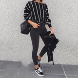 Casual O-neck Loose Striped Women's Top Long Batwing Sleeve Elegant Office Lady T-shirt Tops Autumn 2021 New Style