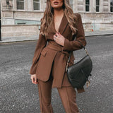 Christmas Gift Women Autumn Turn-down Collar Blazer + Long Pants Suit Elegant Office Lady Two Piece Outfits Winter Solid Streetwear Vintage Set