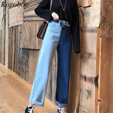 Christmas Gift Korobov 2019 New Fashion Auttum Korean Female Pants Panelled Spliced Wide Leg Pants High Waist Ankle-Length Loose Jeans 75872