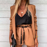 Christmas Gift Two-piece Suit Women Long Sleeve Light Top Cardigan Turn-Down Collar Top Drawstring Short Pant Office Wear Commuter Fashion Suit