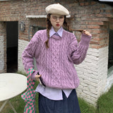 Black Friday Sales Korean Elegant Office Lady Twist Knitting Sweater Women 2022 Autumn Winter Fashion Pullove Loose Purple Navy Sweater For Tops